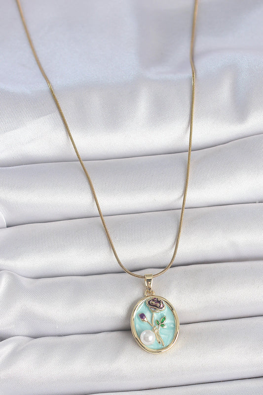 316L Stainless Steel Gold-Tone Blue Flower Artistic Portrait Women's Necklace with Pearl Detail