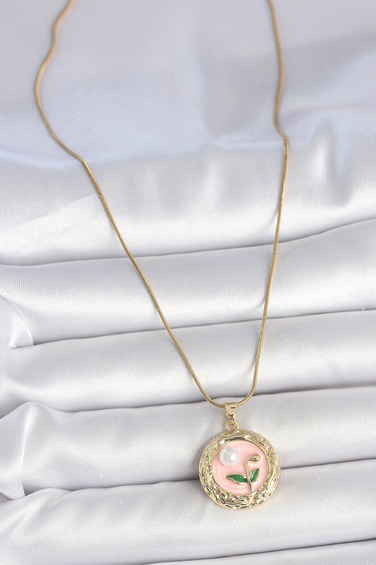316L Stainless Steel Gold-Tone Pink Flower Artistic Portrait Women's Necklace with Pearl Detail
