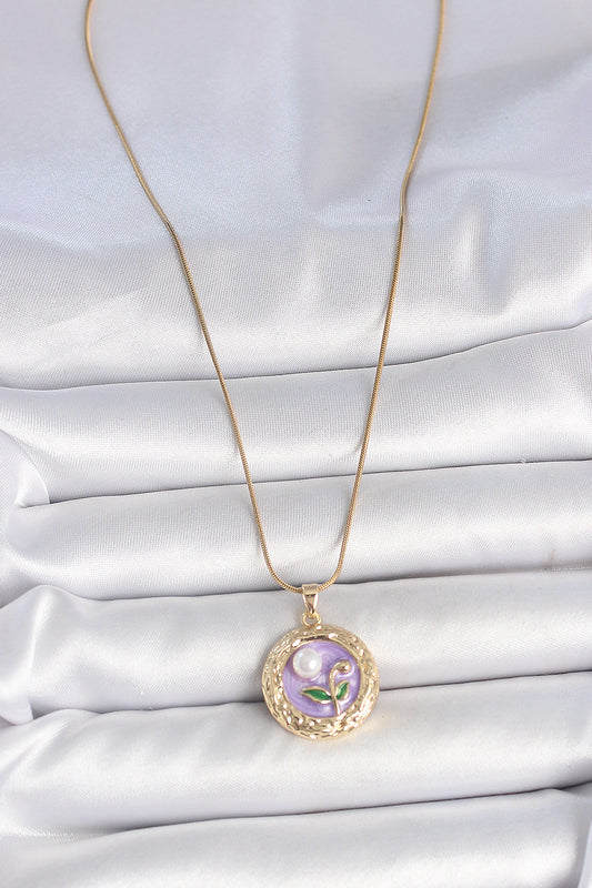 316L Stainless Steel Gold-Tone Purple Flower Artistic Portrait Women's Necklace with Pearl Detail