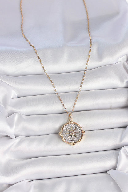 316L Çelik Gold Renk Zirkon Taşlı Pusula Model Kadın Kolye