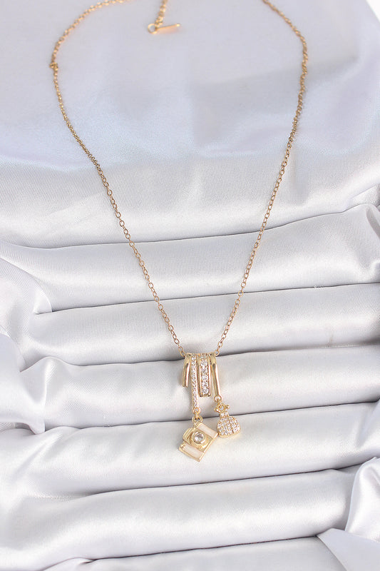 316L Stainless Steel Gold-Tone Camera Dangle Women's Necklace with Zircon Detail