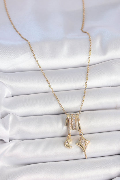 316L Çelik Gold Renk Zirkon Taşlı Sallantı Ay Yıldız Figür Charm Kadın Kolye