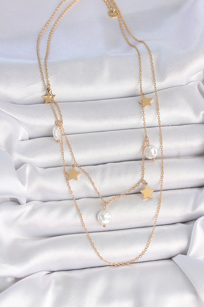 316L Steel Gold Color 2-Piece Chain Pendant Star Pearl Model Women's Necklace