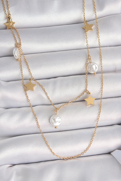 316L Steel Gold Color 2-Piece Chain Pendant Star Pearl Model Women's Necklace