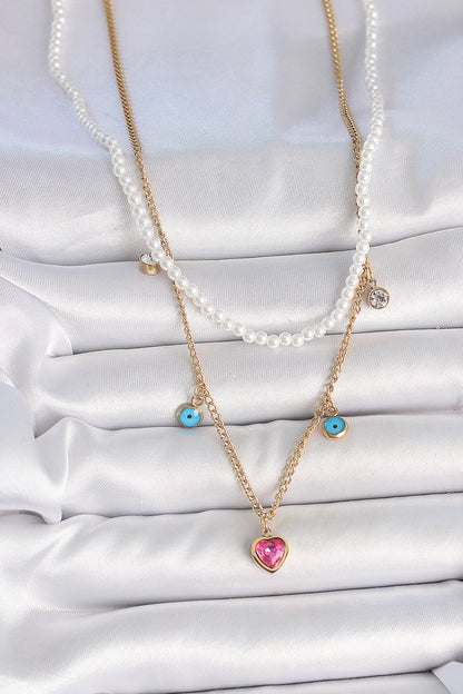 316L Çelik Gold Renk 2'Li İnci Zincir Model Pembe Taşlı Kalp Figür Nazar Boncuk Detay Kadın Kolye
