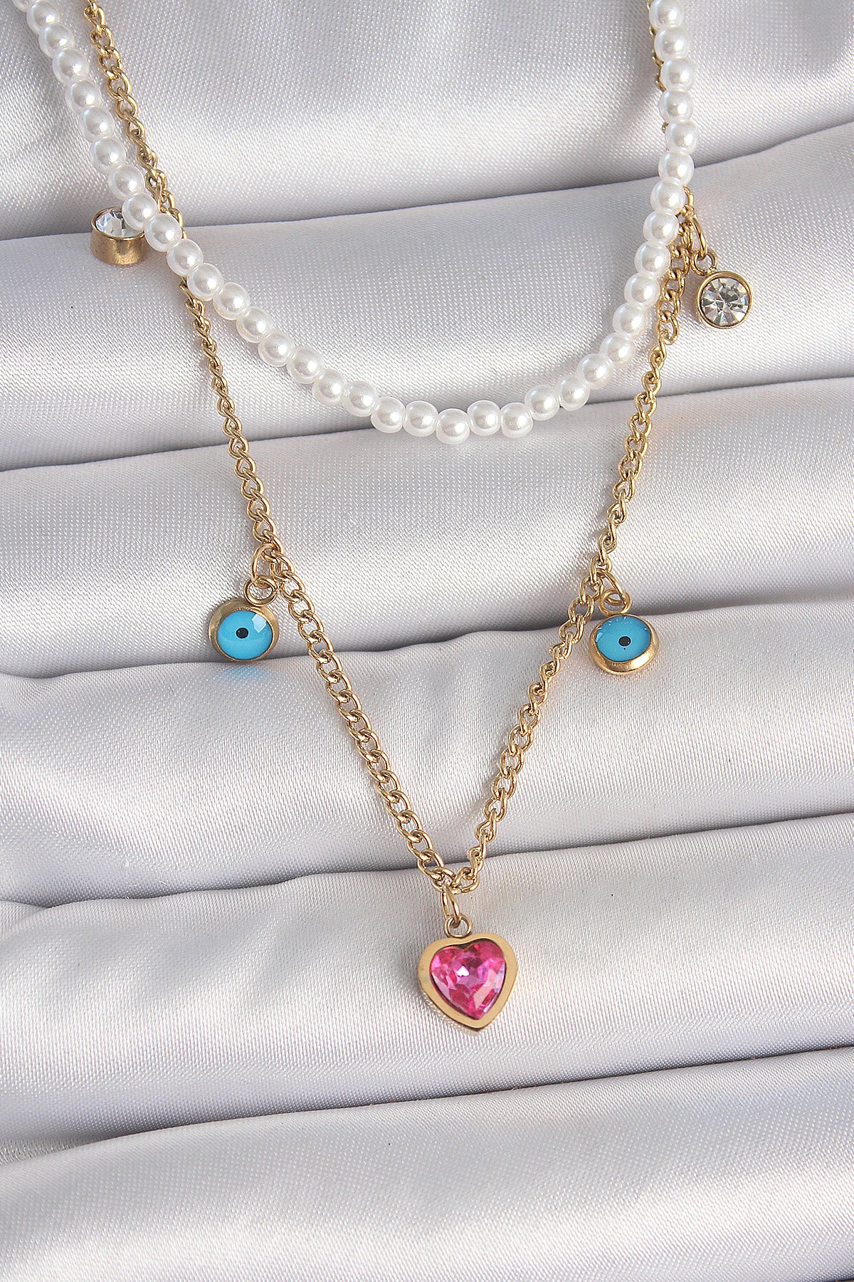 316L Çelik Gold Renk 2'Li İnci Zincir Model Pembe Taşlı Kalp Figür Nazar Boncuk Detay Kadın Kolye