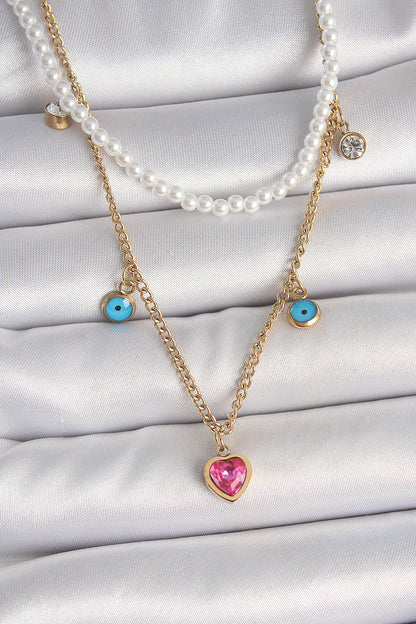 316L Çelik Gold Renk 2'Li İnci Zincir Model Pembe Taşlı Kalp Figür Nazar Boncuk Detay Kadın Kolye