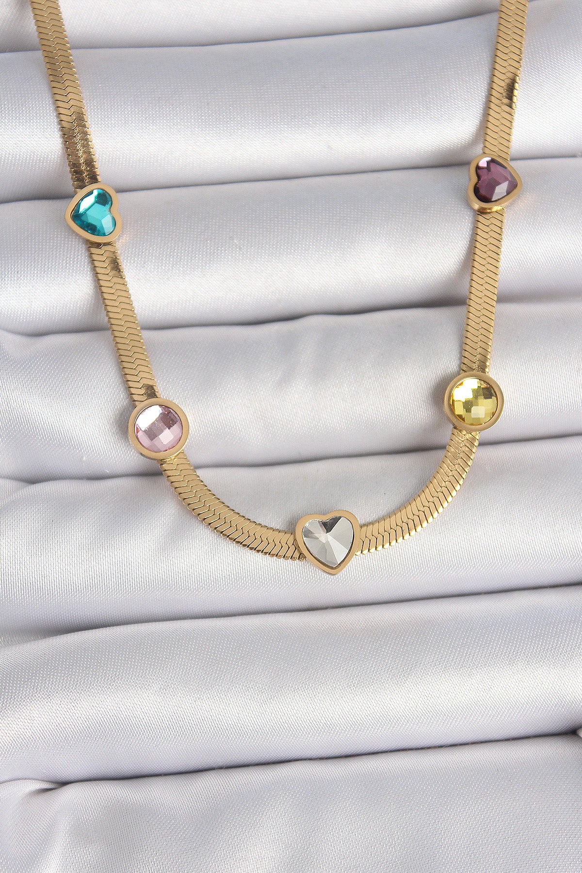 316L Steel Gold Color Italian Chain Colorful Zircon Stone Heart Figure Women's Necklace