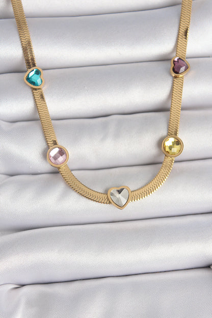 316L Steel Gold Color Italian Chain Colorful Zircon Stone Heart Figure Women's Necklace