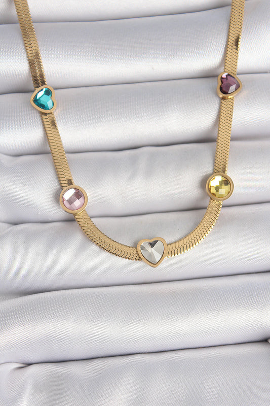 316L Steel Gold Color Italian Chain Colorful Zircon Stone Heart Figure Women's Necklace