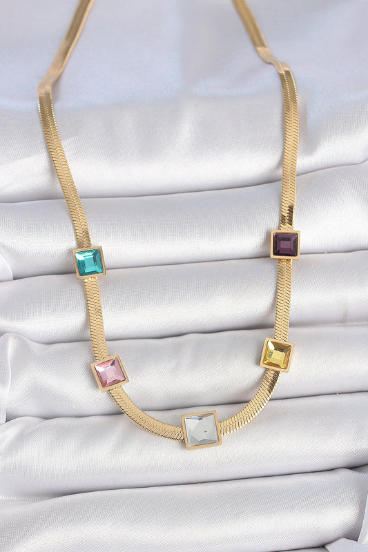 316L Stainless Steel Gold-Tone Multicolor Italian Chain Square Women's Necklace with Zircon Detail