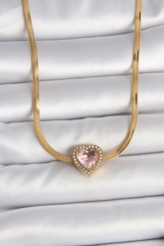 316L Steel Gold Color Italian Chain Pink Zircon Stone Heart Model Women's Necklace