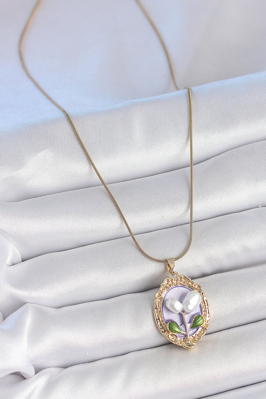 316L Stainless Steel Gold-Tone Purple Flower Artistic Portrait Women's Necklace with Pearl Detail