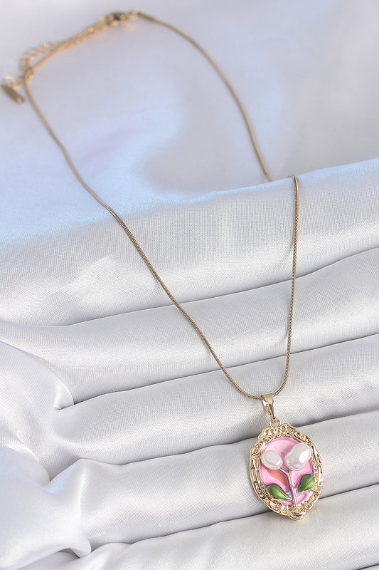 316L Stainless Steel Gold-Tone Pink Flower Artistic Portrait Women's Necklace with Pearl Detail and Enamel Detail