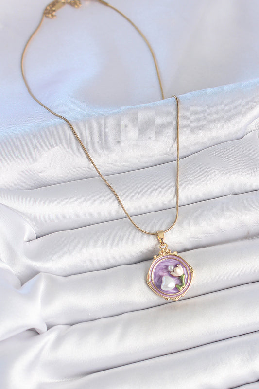 316L Stainless Steel Gold-Tone Purple Flower Artistic Portrait Women's Necklace with Pearl Detail and Enamel Detail