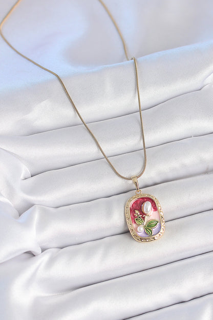 316L Steel Gold Color Chain Mix Color Pearl Flower Embroidered Portrait Model Women's Necklace