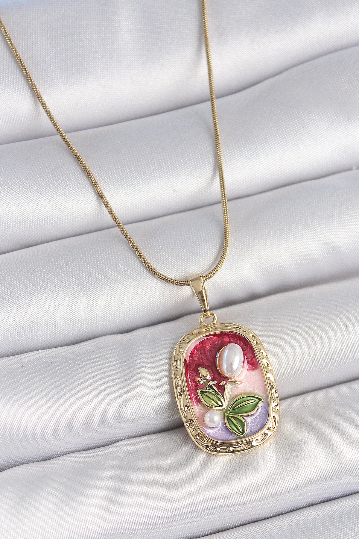316L Steel Gold Color Chain Mix Color Pearl Flower Embroidered Portrait Model Women's Necklace