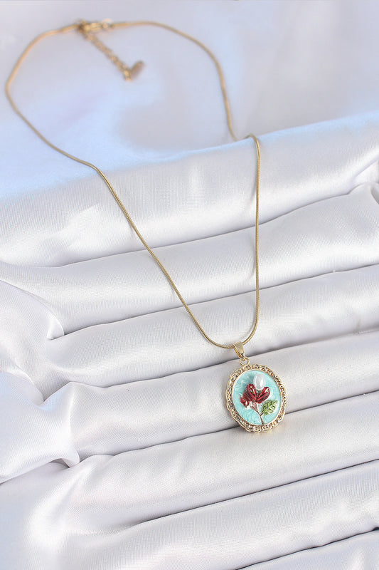 316L Stainless Steel Gold-Tone Turquoise Flower Artistic Portrait Women's Necklace with Pearl Detail and Enamel Detail