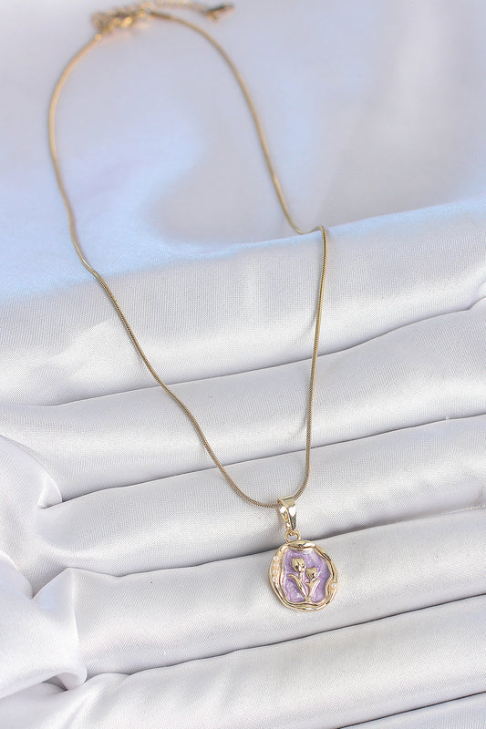 316L Stainless Steel Gold-Tone Purple Flower Artistic Portrait Women's Necklace with Enamel Detail