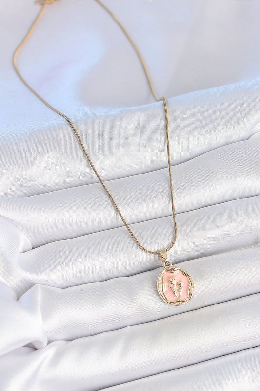 316L Stainless Steel Gold-Tone Pink Flower Artistic Portrait Women's Necklace with Enamel Detail