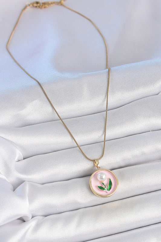 316L Stainless Steel Gold-Tone Pink Flower Artistic Portrait Women's Necklace with Pearl Detail and Enamel Detail
