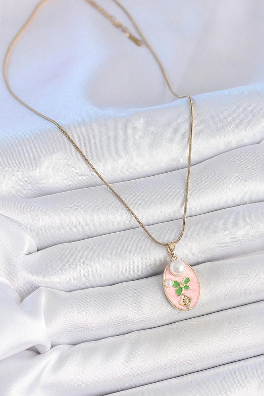 316L Stainless Steel Gold-Tone Pink Flower Artistic Portrait Women's Necklace with Pearl Detail and Enamel Detail