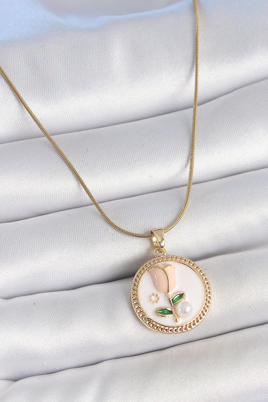 316L Steel Gold Color White Enameled Pearl Flower Embroidered Portrait Model Women's Necklace