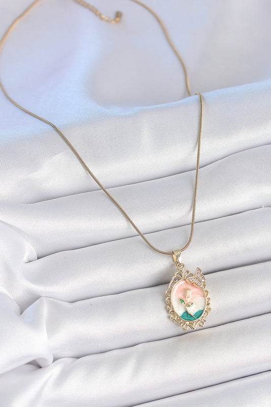 316L Stainless Steel Gold-Tone Multicolor Flower Artistic Portrait Women's Necklace with Zircon Detail