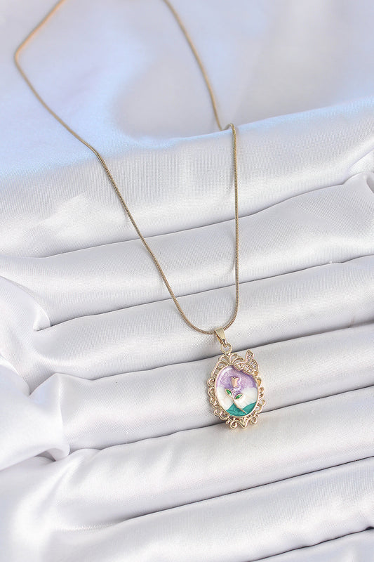 316L Stainless Steel Gold-Tone Multicolor Flower Artistic Portrait Women's Necklace with Zircon Detail and Enamel Detail
