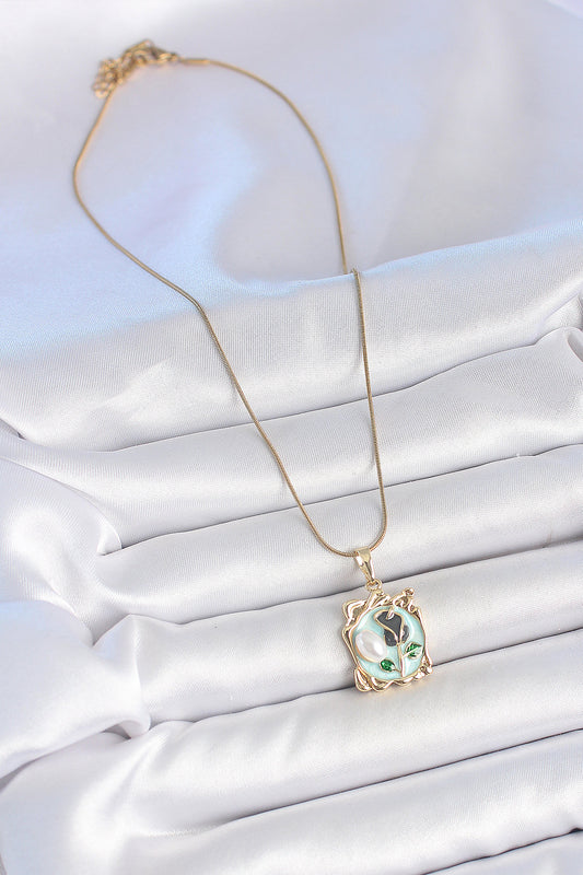 316L Stainless Steel Gold-Tone Blue Flower Artistic Portrait Women's Necklace with Pearl Detail and Enamel Detail