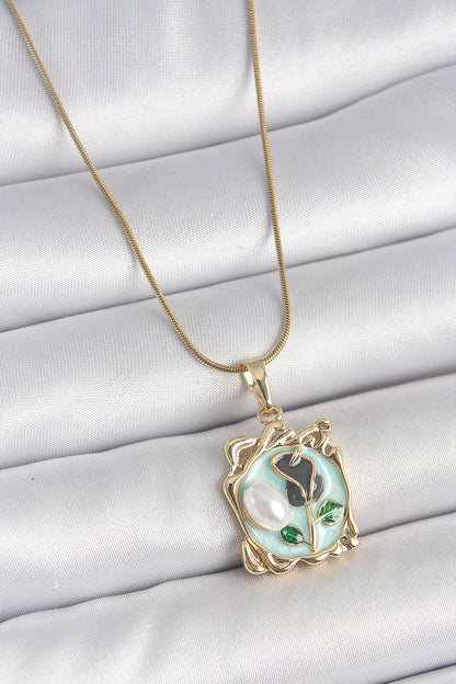 316L Steel Gold Color Chain Blue Enameled Flower Embroidered Pearl Detail Portrait Model Women's Necklace