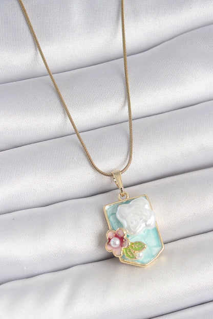 316L Steel Gold Color Chain Blue Enameled Pearl Flower Embroidered Portrait Model Women's Necklace