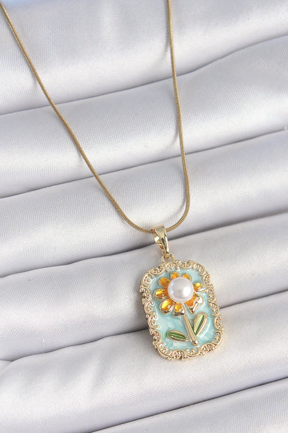 316L Steel Gold Color Chain Blue Enameled Pearl Daisy Embroidered Portrait Model Women's Necklace