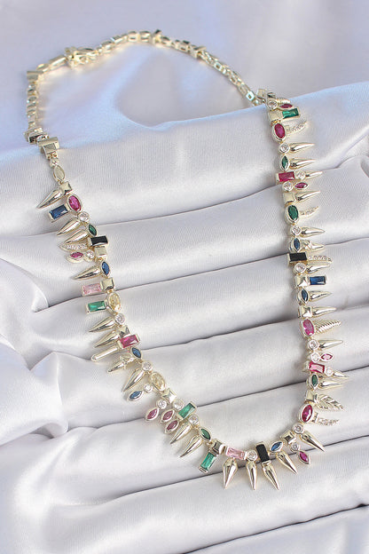 Pirinç Gold Renk Zirkon Taşlı Diken Model VIP Seri Kadın Kolye