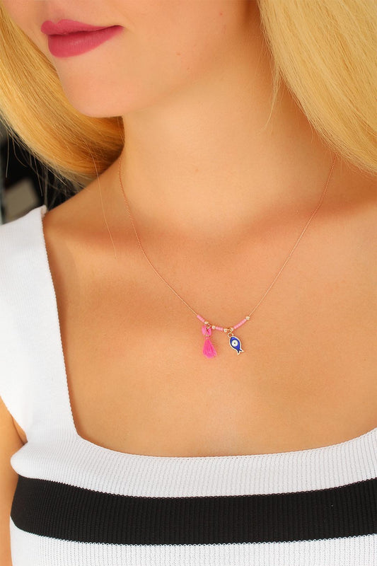 Rose Gold-Tone Pink Evil Eye Bead Women's Necklace with Stone Detail