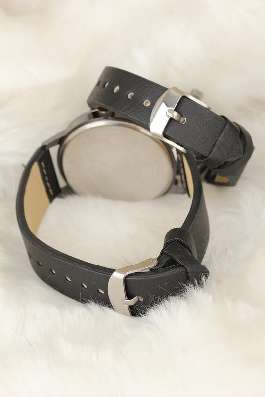 Smoke Color Metal Case Lover's Watch with Black Leather Strap
