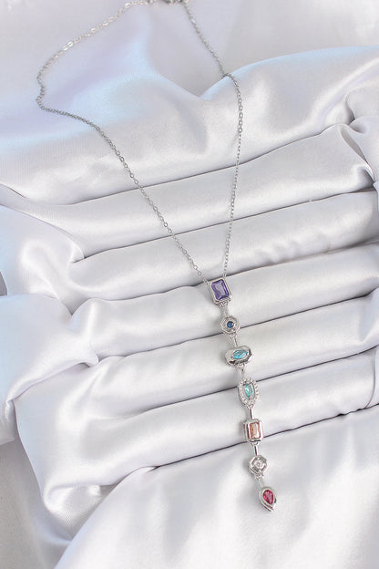 316L Çelik Gümüş Renk Zincir Zirkon Taşlı Y Model Dekolte Kadın Kolye