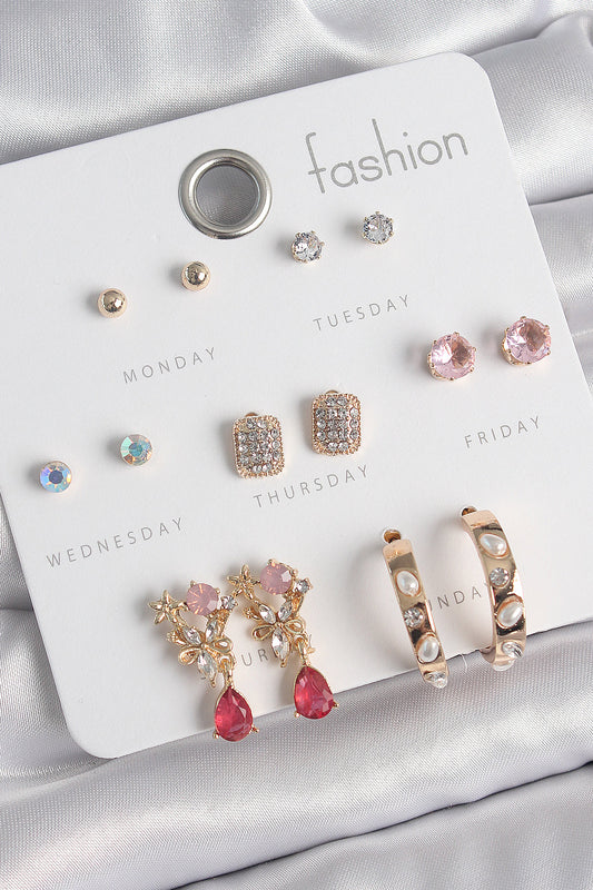 Brass Gold Color Zircon Stone Flower Figure Pearl Ring Figure 7 Pairs Women's Earring Set