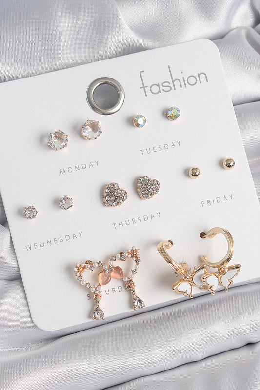 Pirinç Gold Renk Zirkon Taşlı Sallantılı Kalp Figür Kelebek Detay 7 Çift Kadın Küpe Seti