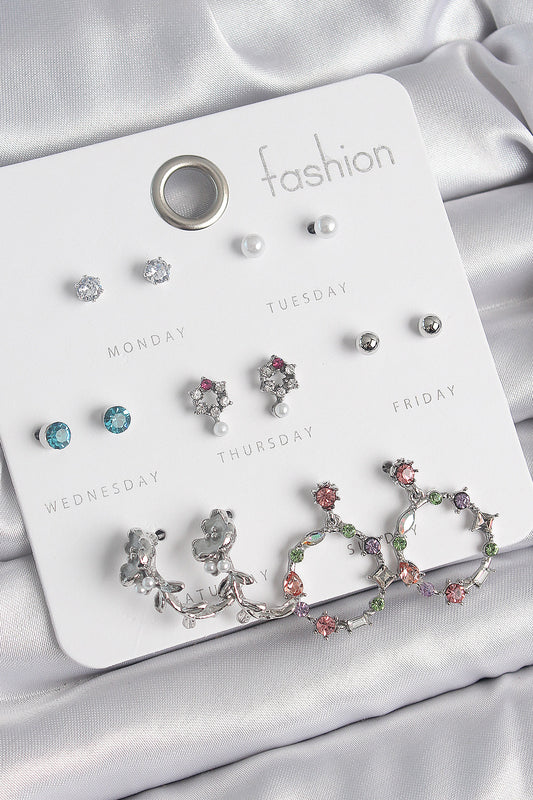 Pirinç Gümüş Renk Zirkon Taşlı Gül Figür Halka Model 7 Çift Kadın Küpe Seti