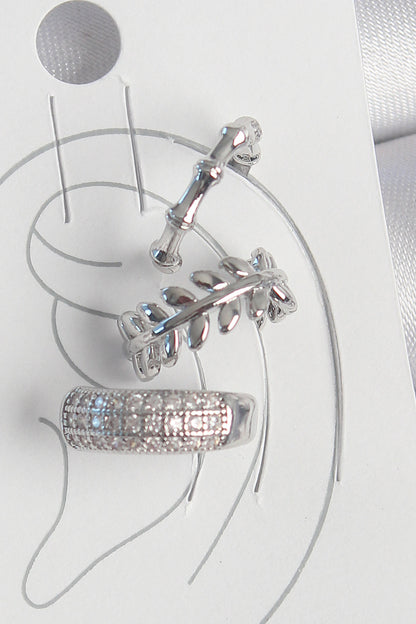 Pirinç Gümüş Renk Zirkon Taşlı 3'Lü Model Yaprak Figür Kadın Kıkırdak Küpe