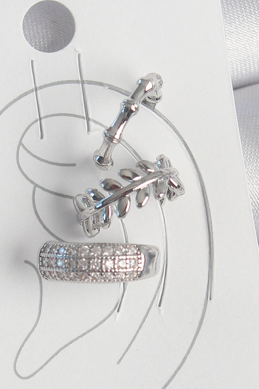 Pirinç Gümüş Renk Zirkon Taşlı 3'Lü Model Yaprak Figür Kadın Kıkırdak Küpe