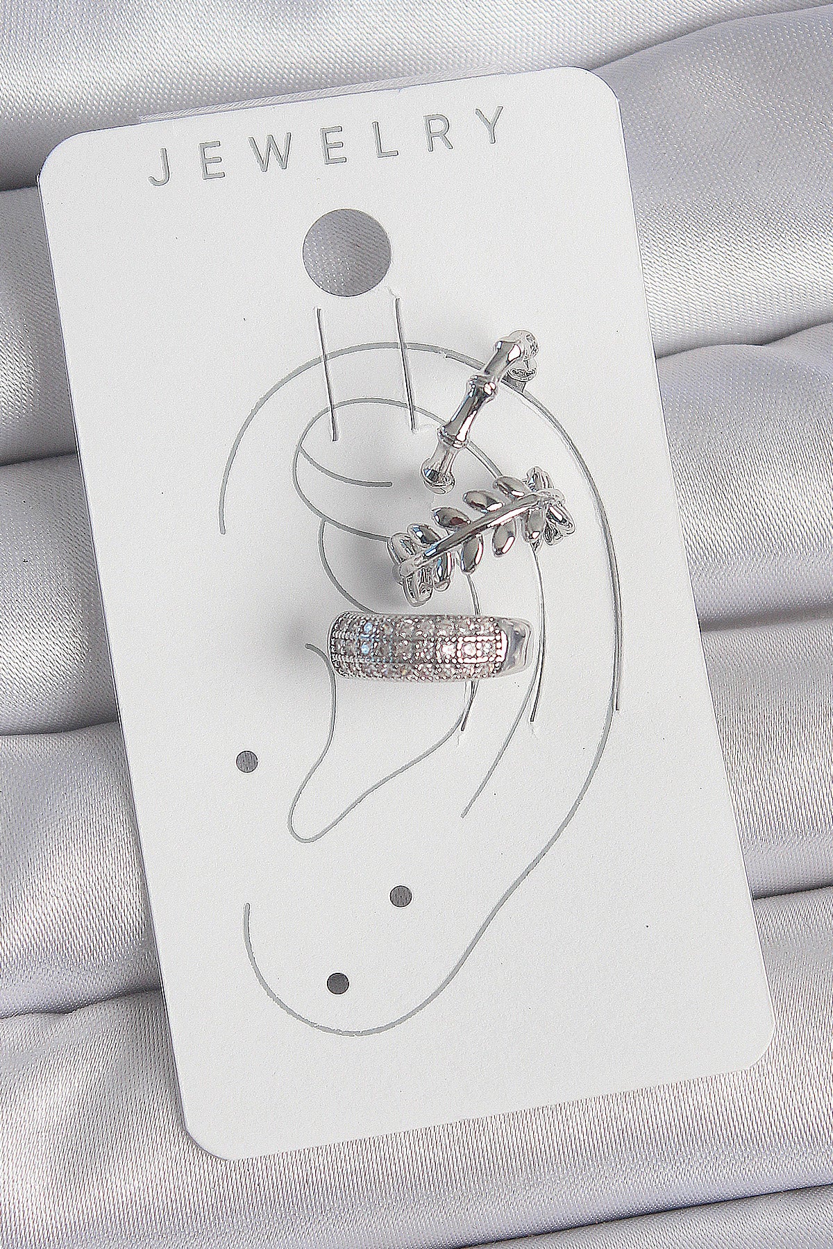 Pirinç Gümüş Renk Zirkon Taşlı 3'Lü Model Yaprak Figür Kadın Kıkırdak Küpe