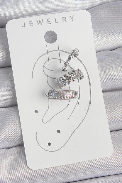 Pirinç Gümüş Renk Zirkon Taşlı 3'Lü Model Yaprak Figür Kadın Kıkırdak Küpe