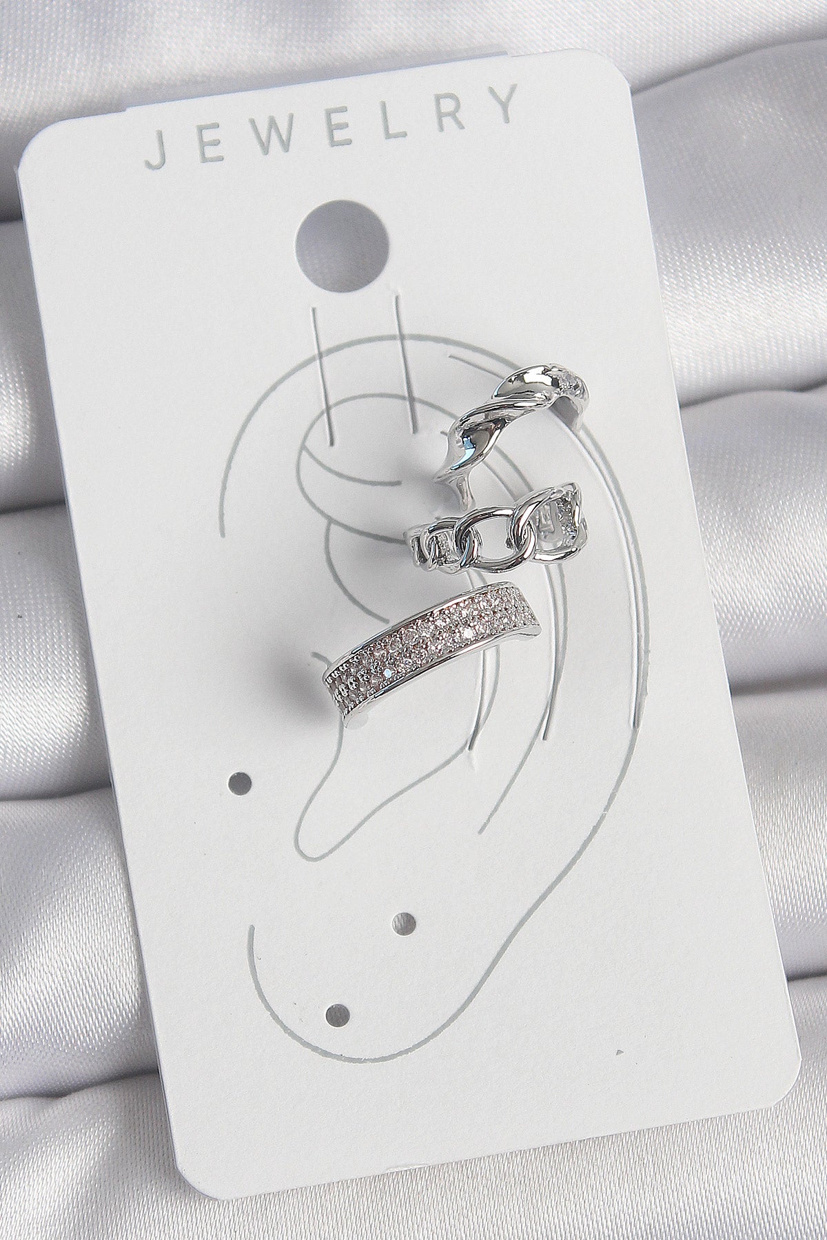 Pirinç Gümüş Renk Zirkon Taşlı 3'Lü Zincir Sarmal Model Kadın Kıkırdak Küpe