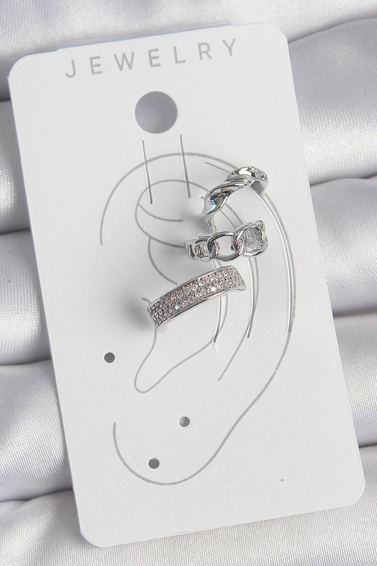 Brass Silver Color Zircon Stone 3-Piece Chain Spiral Model Women's Cartilage Earrings