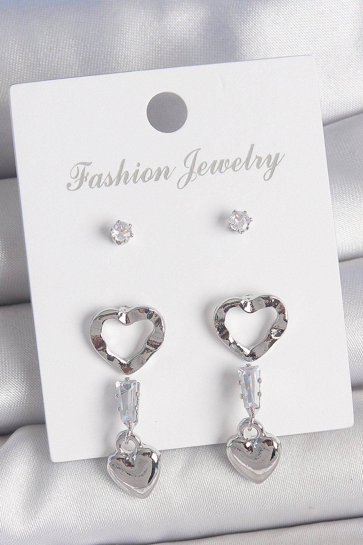 Pirinç Gümüş Renk Zirkon Taş Detaylı Sallantı Model 2 Çift Kadın Küpe Seti