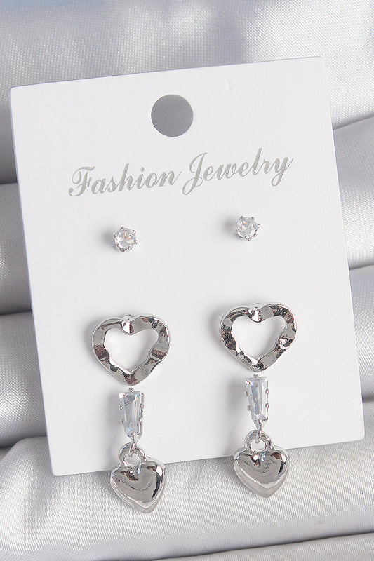 Pirinç Gümüş Renk Zirkon Taş Detaylı Sallantı Model 2 Çift Kadın Küpe Seti