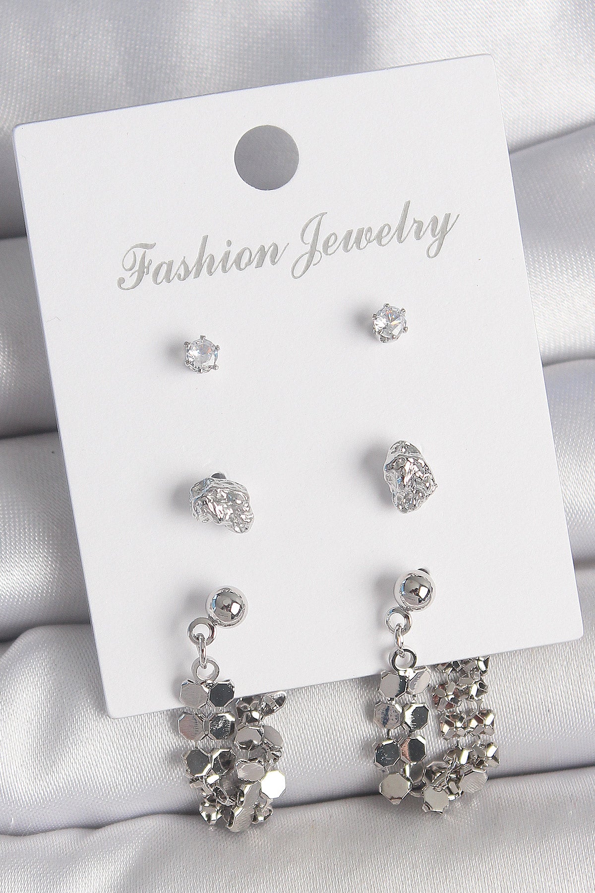 Pirinç Gümüş Renk Zirkon Taşlı Pullu Sallantılı Model 3 Çift Kadın Küpe Seti