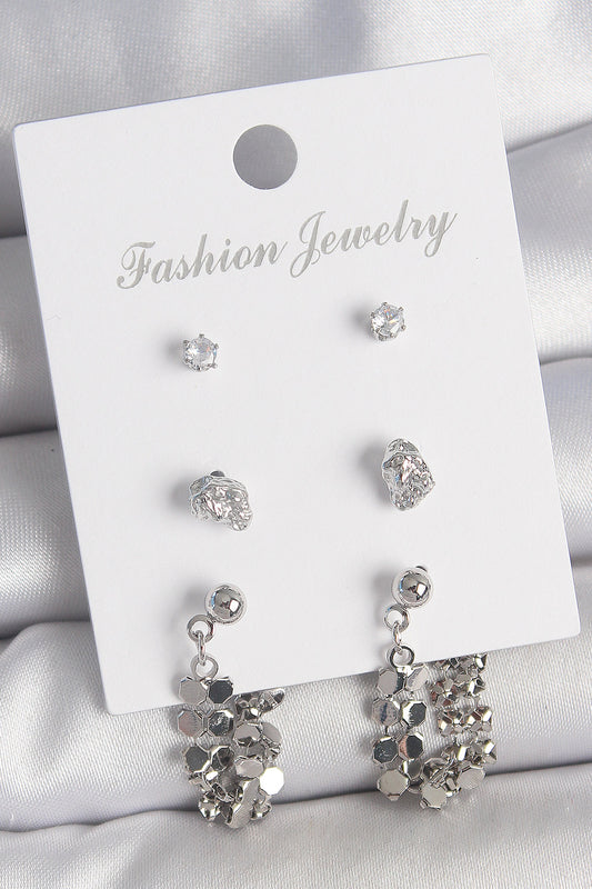 Pirinç Gümüş Renk Zirkon Taşlı Pullu Sallantılı Model 3 Çift Kadın Küpe Seti